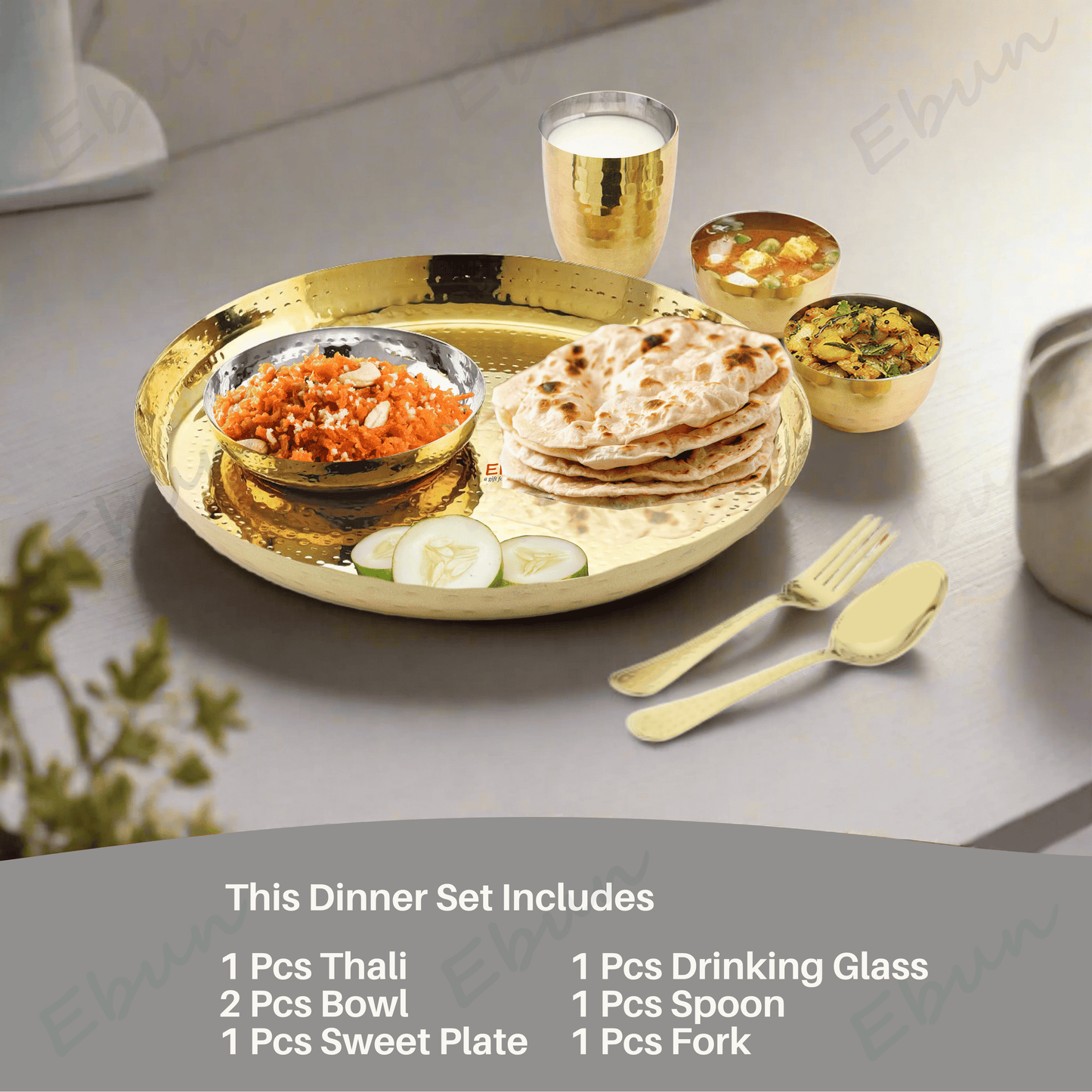 Ebun Stainless Steel 2 Side Hand Hammered & PVD Gold Plated Dinner Set - Pack of 1