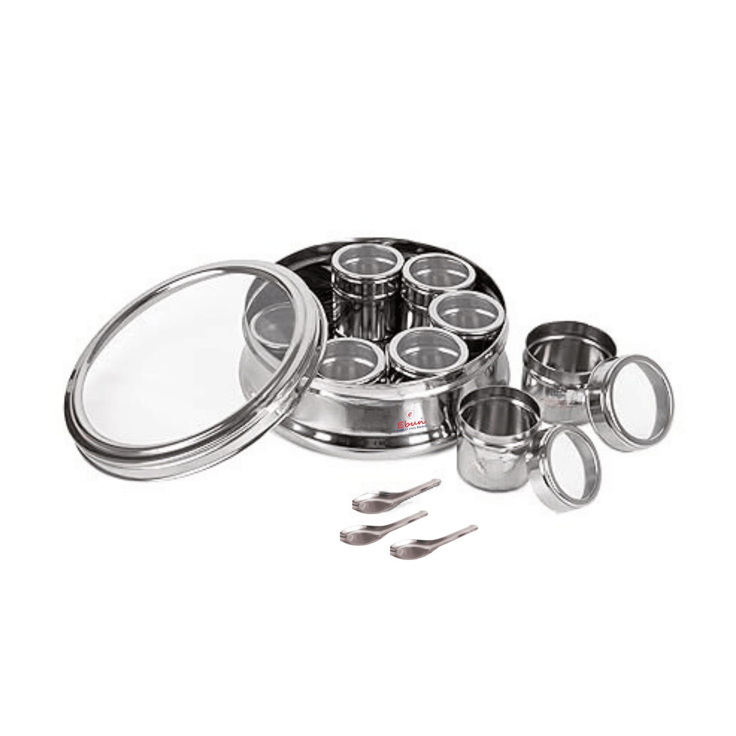 Ebun Stainless Steel Masala Box for Kitchen with 8 Individual See Through Lid Containers and 3 Spoons (1700 Ml)