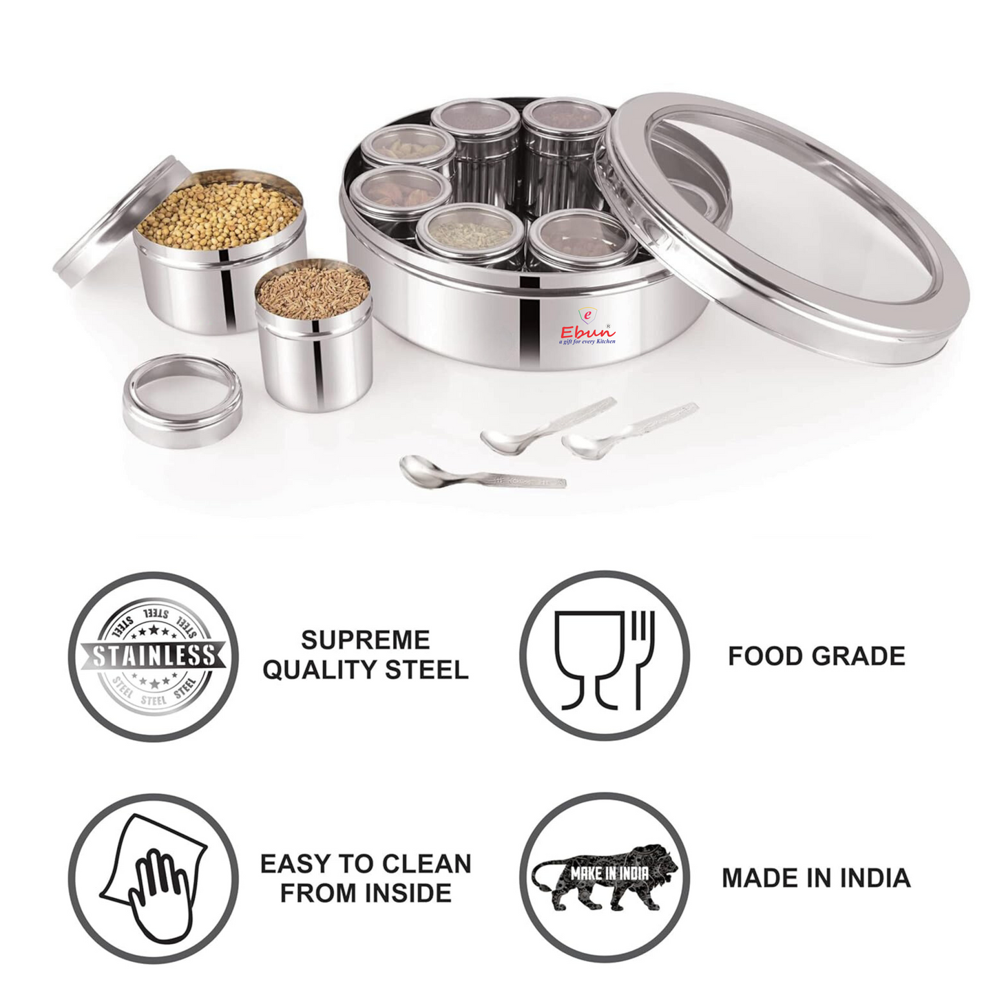 Ebun Stainless Steel Masala Box for Kitchen with 9 Individual See Through Lid Containers and 3 Spoons (2500 Ml)