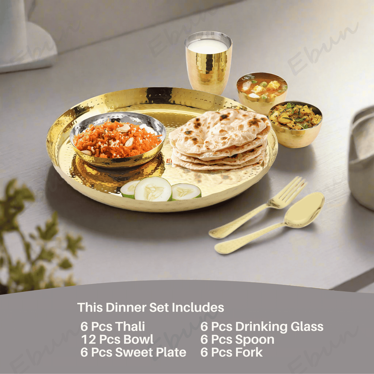 Ebun Stainless Steel 2 Side Hand Hammered & PVD Gold Plated Dinner Set - Pack of 6