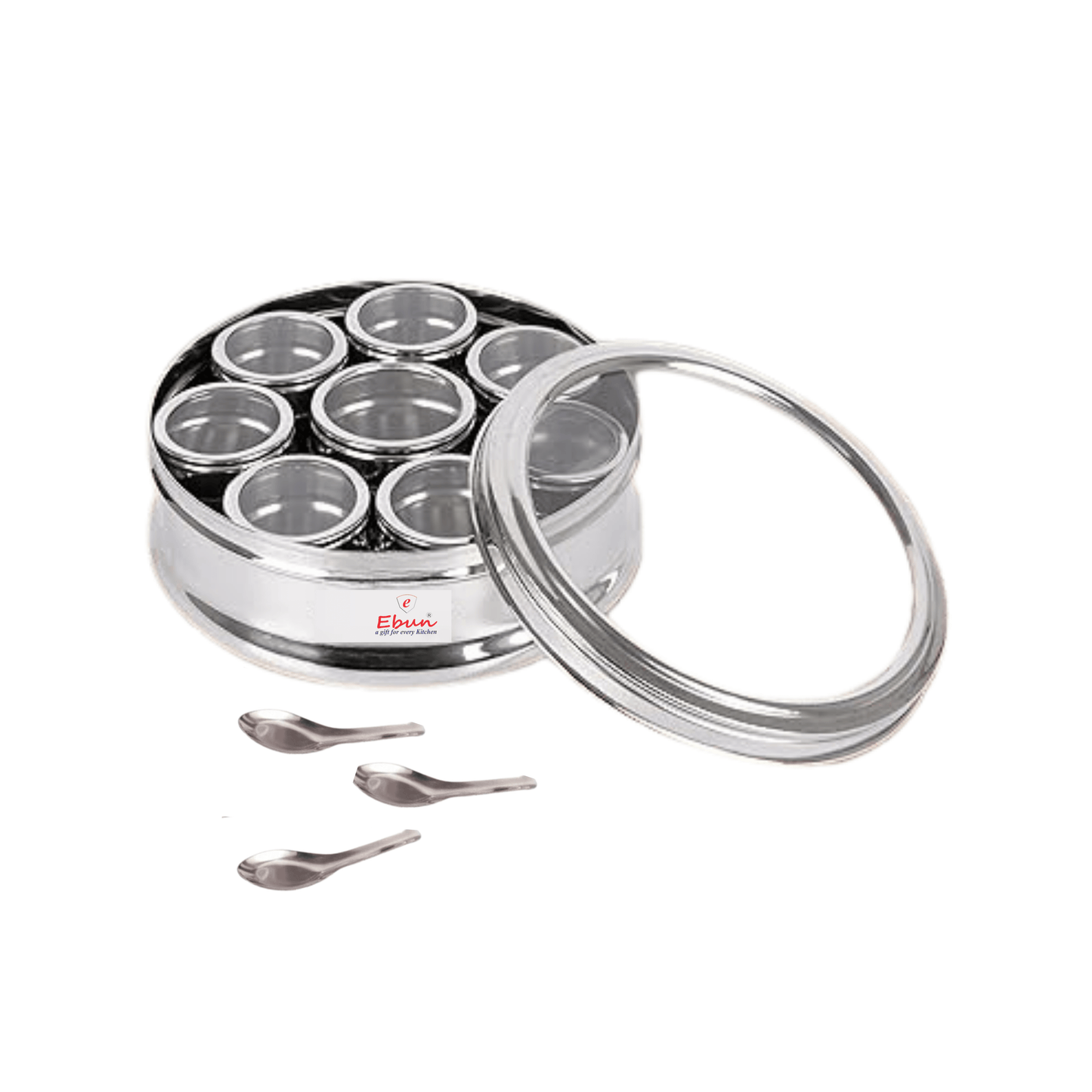 Ebun Stainless Steel Masala Box for Kitchen with 8 Individual See Through Lid Containers and 3 Spoons (1700 Ml)