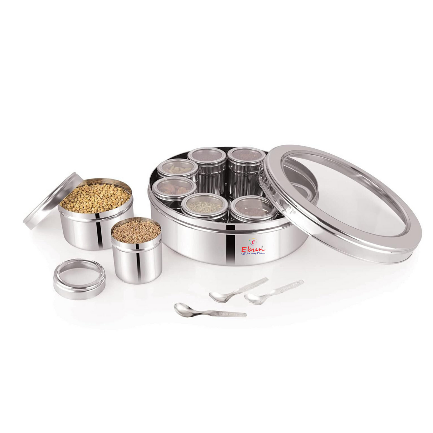 Ebun Stainless Steel Masala Box for Kitchen with 9 Individual See Through Lid Containers and 3 Spoons (2500 Ml)
