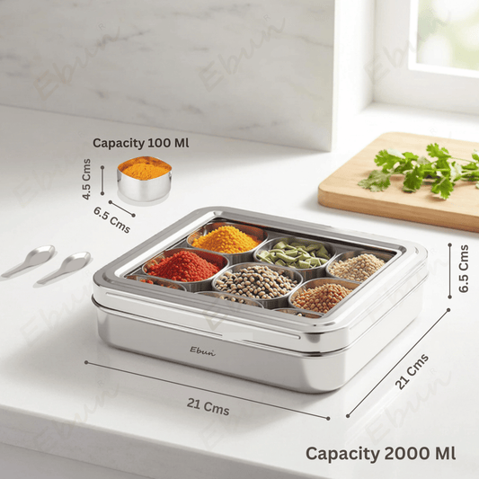 Ebun Stainless Steel 9 in 1 Square Masala Dabba for Kitchen