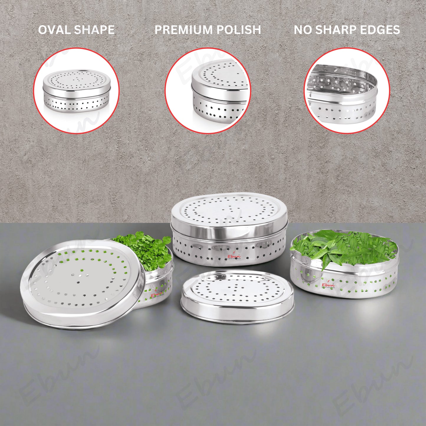 Ebun Mirror Polish Oval Shape Stainless Steel Coriander Dabba
