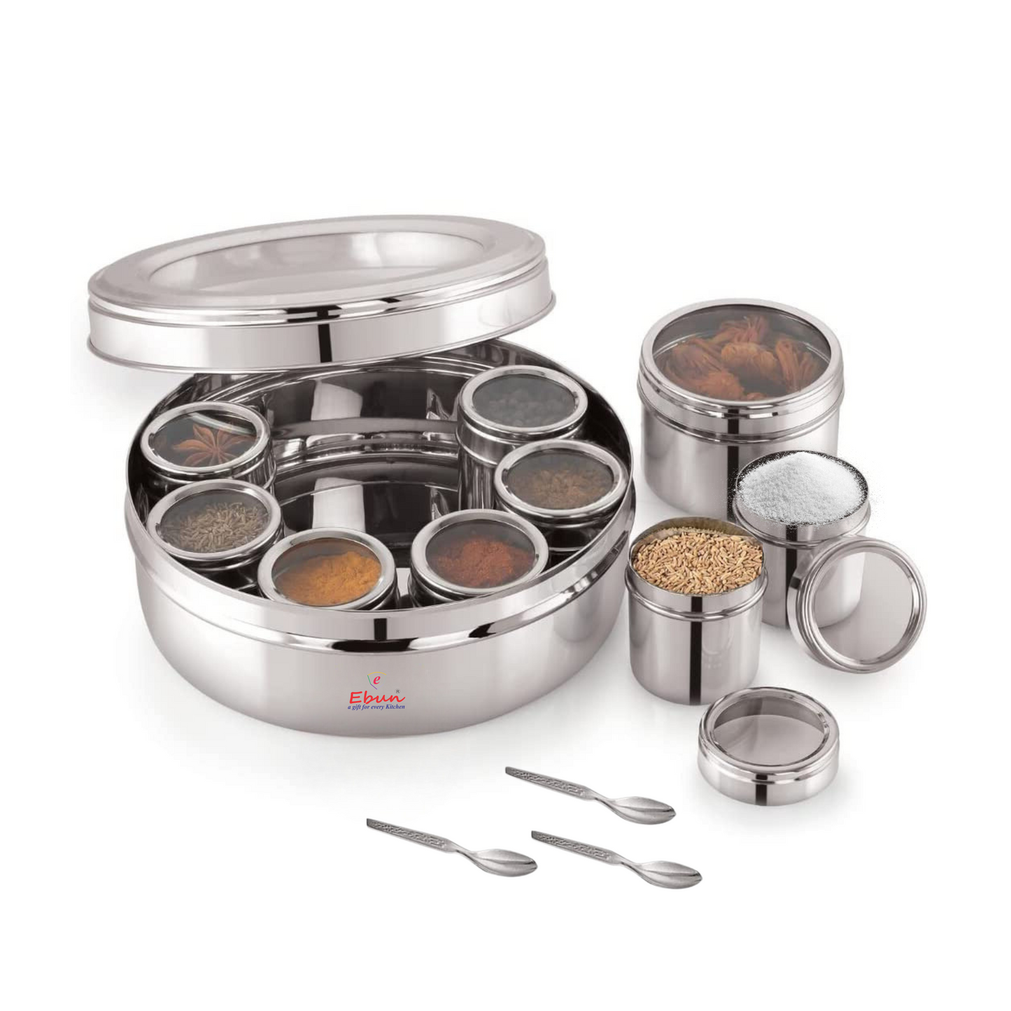 Ebun Stainless Steel Masala Box for Kitchen with 9 Individual See Through Lid Containers and 3 Spoons (2500 Ml)