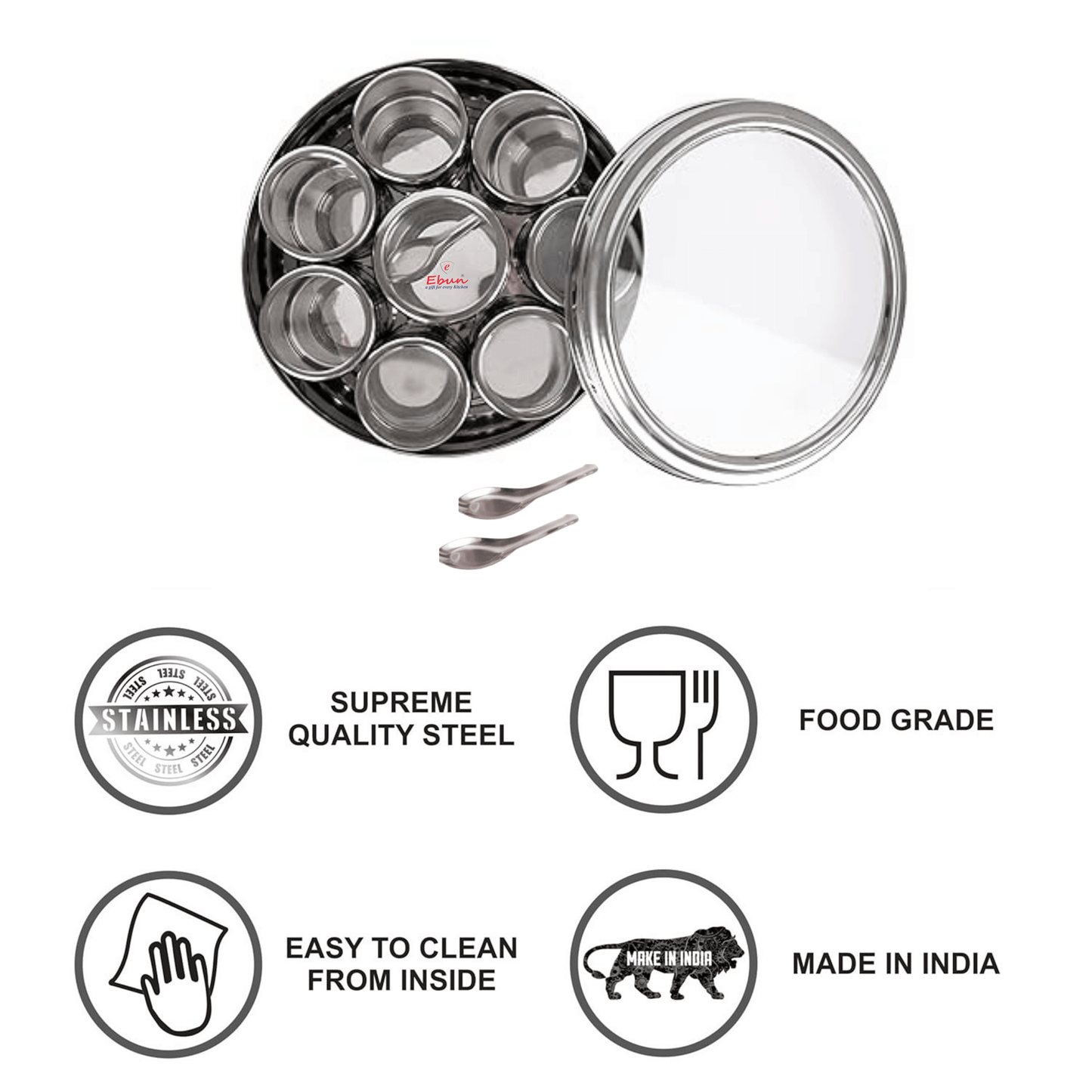 Ebun Stainless Steel Masala Box for Kitchen with 8 Individual See Through Lid Containers and 3 Spoons (1700 Ml)