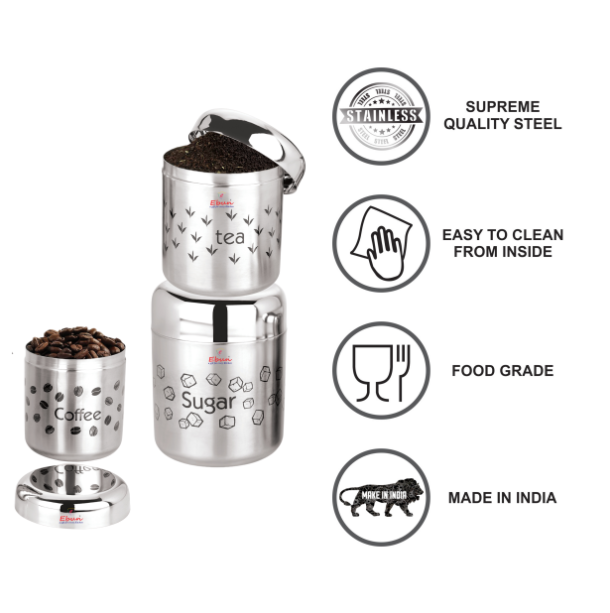 Ebun Stainless Steel Tea Coffee Sugar Containers Set of 3 with Capacity 900 Gms, 700 Gms & 500 Gms