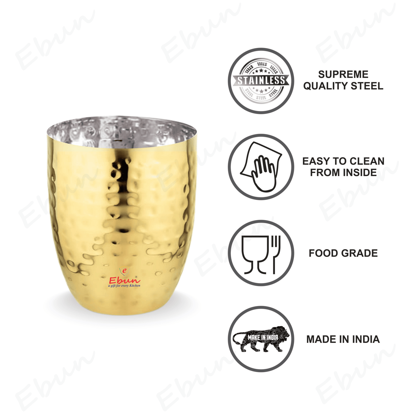 Ebun Gold PVD Plated Stainless Steel Glass Set of 6 - 300 Ml
