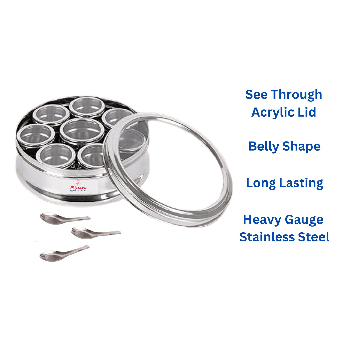Ebun Stainless Steel Masala Box for Kitchen with 8 Individual See Through Lid Containers and 3 Spoons (1700 Ml)