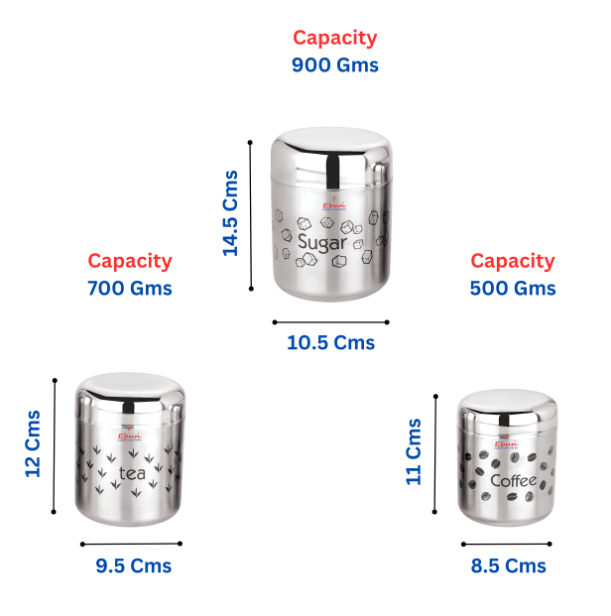 Ebun Stainless Steel Tea Coffee Sugar Containers Set of 3 with Capacity 900 Gms, 700 Gms & 500 Gms
