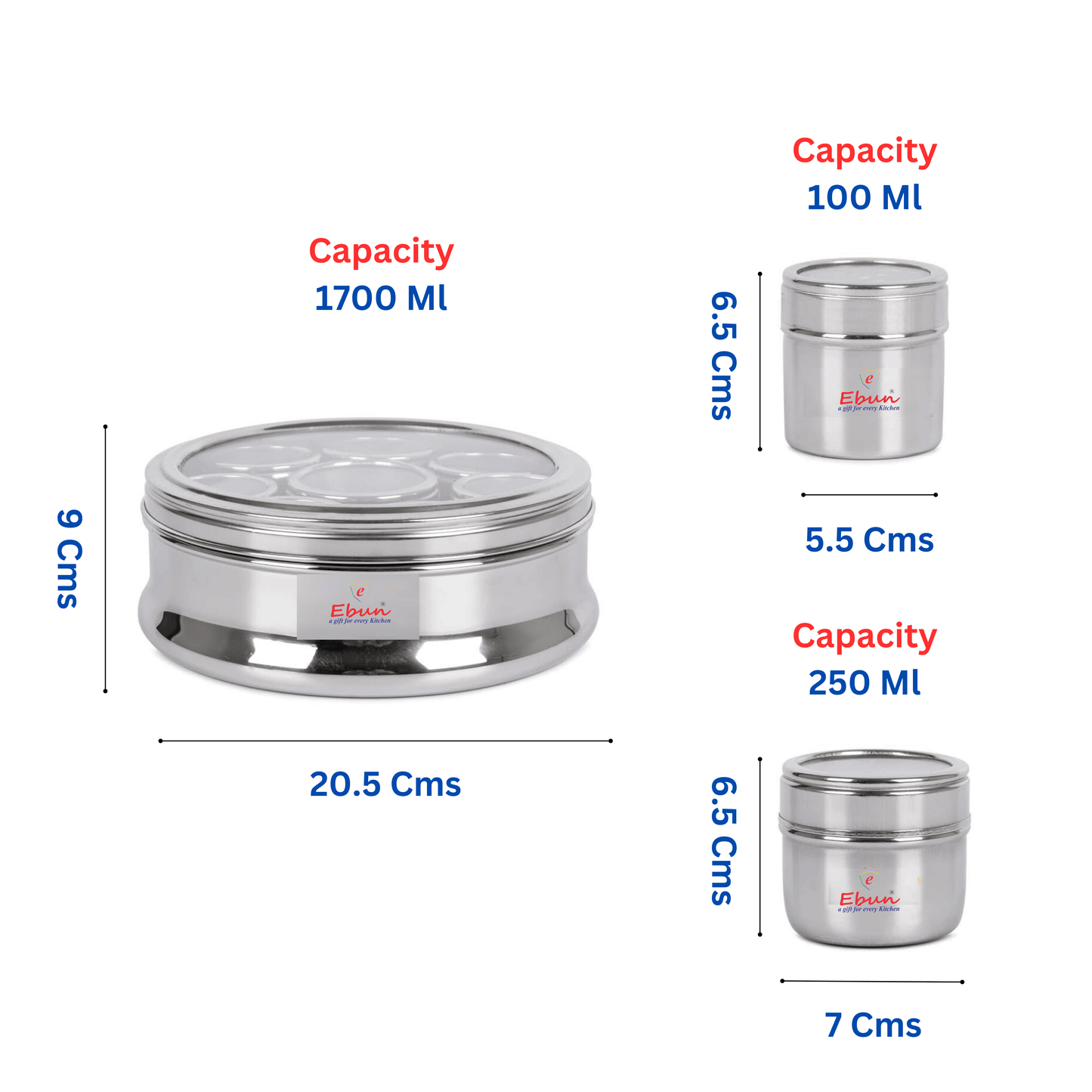 Ebun Stainless Steel Masala Box for Kitchen with 8 Individual See Through Lid Containers and 3 Spoons (1700 Ml)
