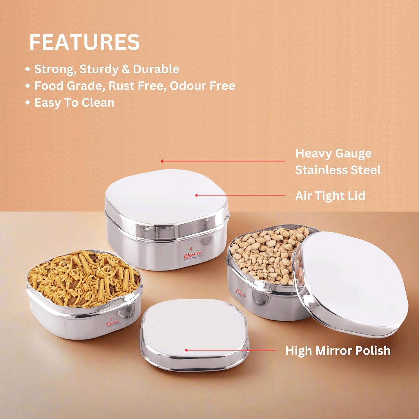 Ebun Mirror Polish Stainless Steel Chocolate Dabba