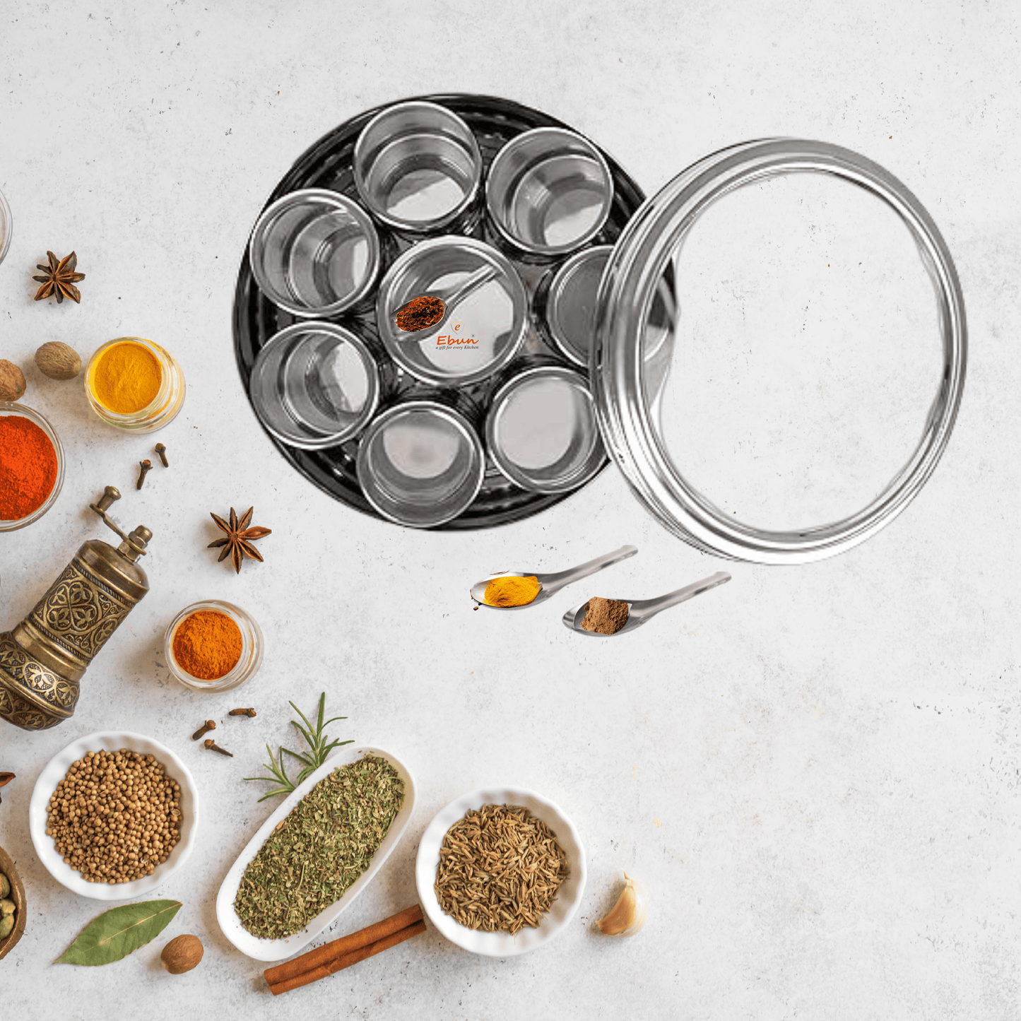 Ebun Stainless Steel Masala Box for Kitchen with 8 Individual See Through Lid Containers and 3 Spoons (1700 Ml)