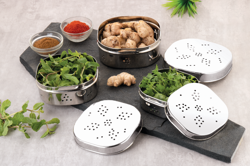 Ebun Mirror Polish Sqaure Shape Stainless Steel Coriander Dabba