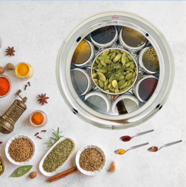Ebun Stainless Steel Masala Box for Kitchen with 9 Individual See Through Lid Containers and 3 Spoons (2500 Ml)