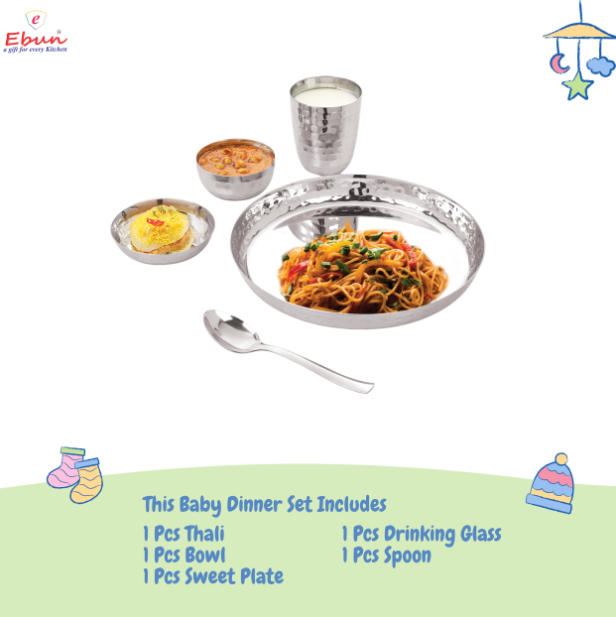 Ebun Stainless Steel Hand Hammered Baby Dinner Set - 5 Pieces (Pack of 1)