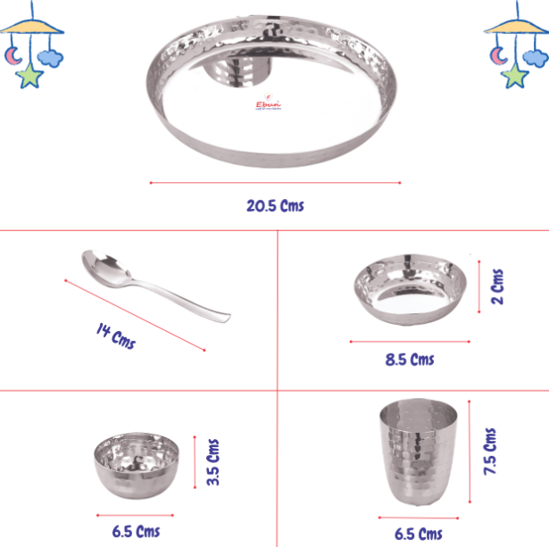 Ebun Stainless Steel Hand Hammered Baby Dinner Set - 5 Pieces (Pack of 1)