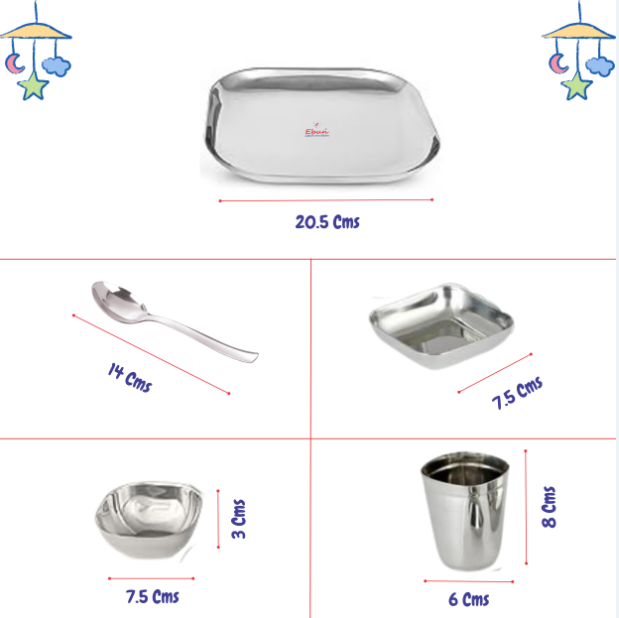 Ebun Stainless Steel Hand Hammered Baby Dinner Set - 5 Pieces (Pack of 1)
