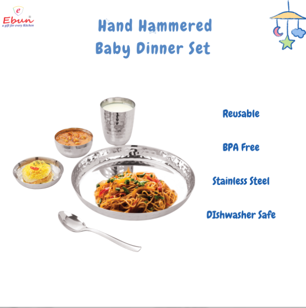 Ebun Stainless Steel Hand Hammered Baby Dinner Set - 5 Pieces (Pack of 1)