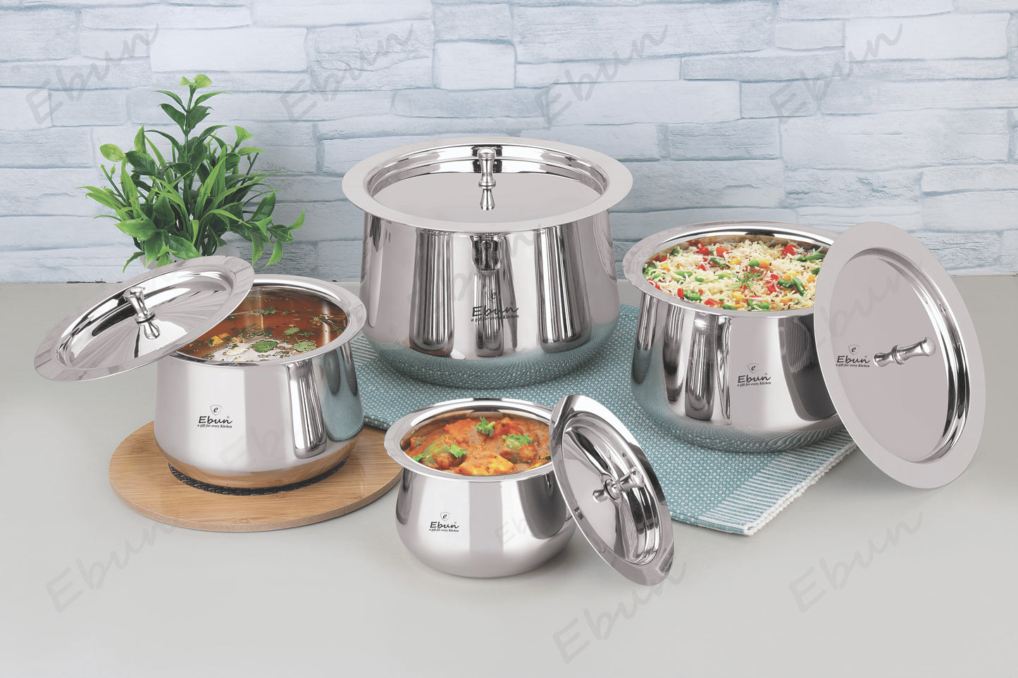 Ebun Heavy Gauge Stainless Steel Handi Set with Lid for Kitchen 350 Ml to 1800 Ml - Pack of 4