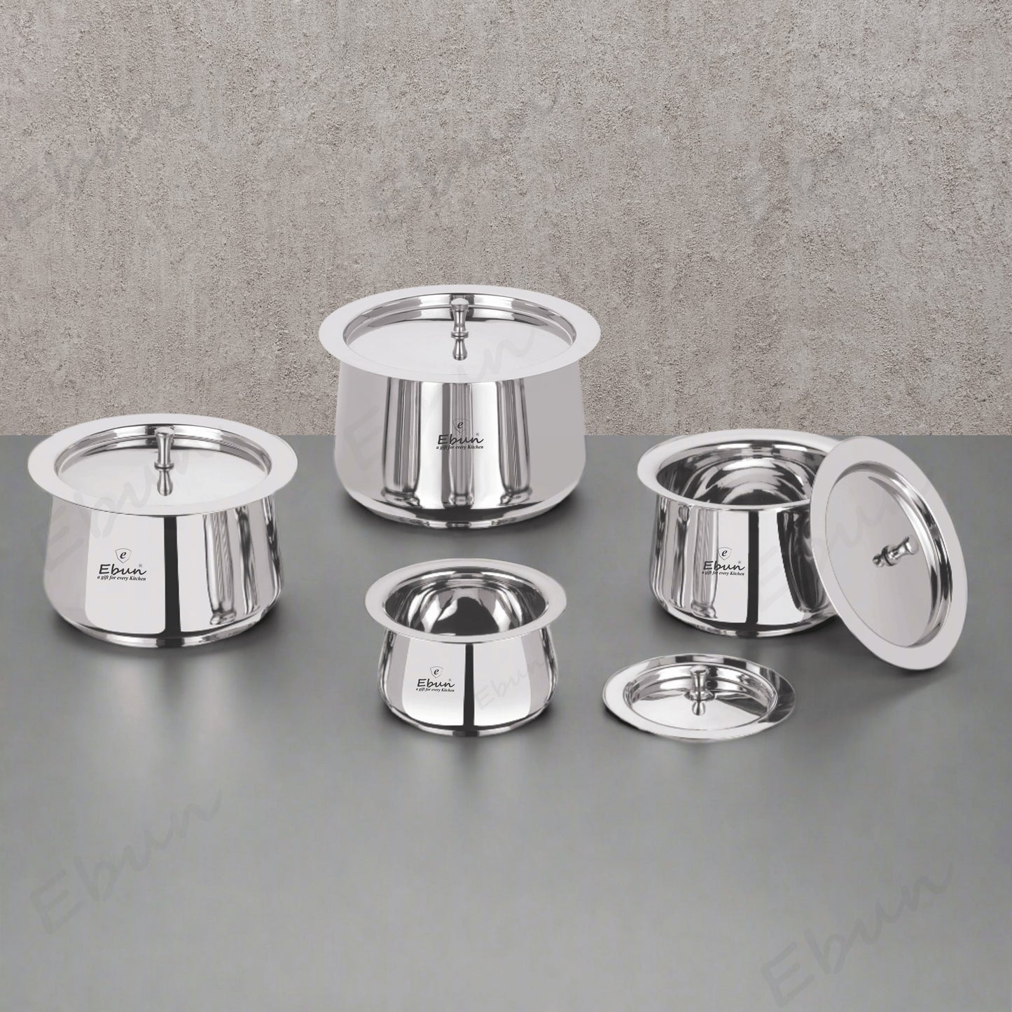 Ebun Heavy Gauge Stainless Steel Handi Set with Lid for Kitchen 350 Ml to 1800 Ml - Pack of 4