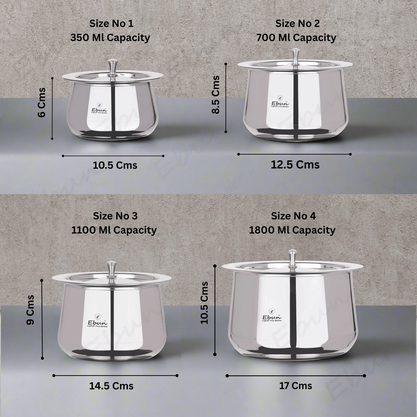 Ebun Heavy Gauge Stainless Steel Handi Set with Lid for Kitchen 350 Ml to 1800 Ml - Pack of 4