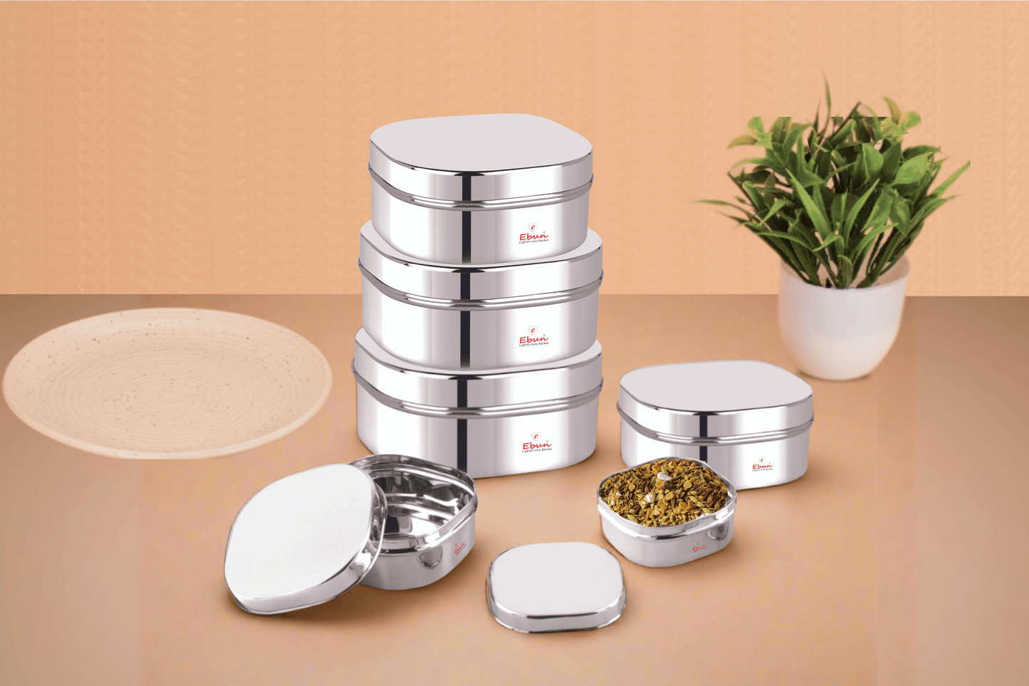 Ebun Mirror Polish Stainless Steel Chocolate Dabba 150 Ml to 750 Ml (Pack of 6)