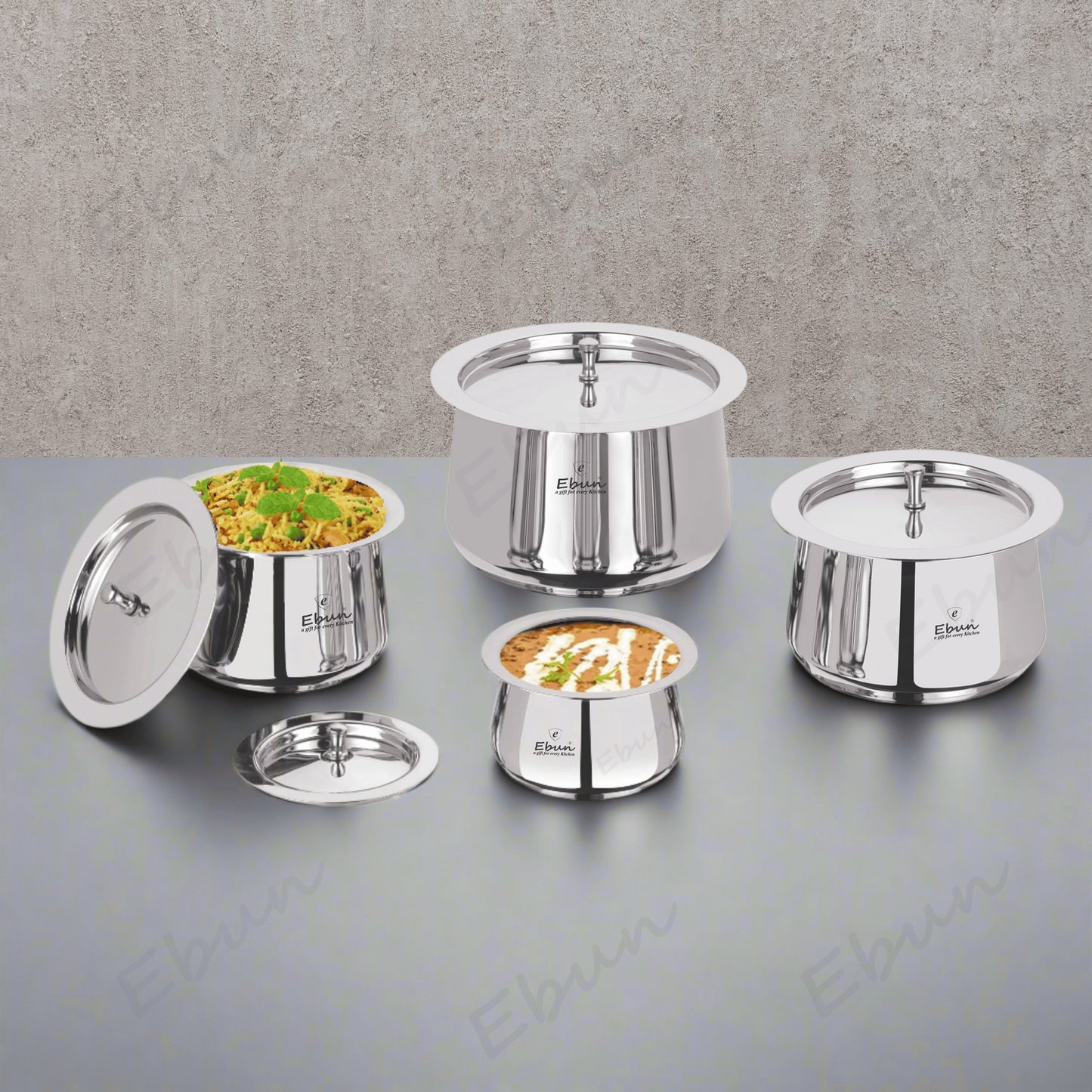 Ebun Heavy Gauge Stainless Steel Handi Set with Lid for Kitchen 350 Ml to 1800 Ml - Pack of 4