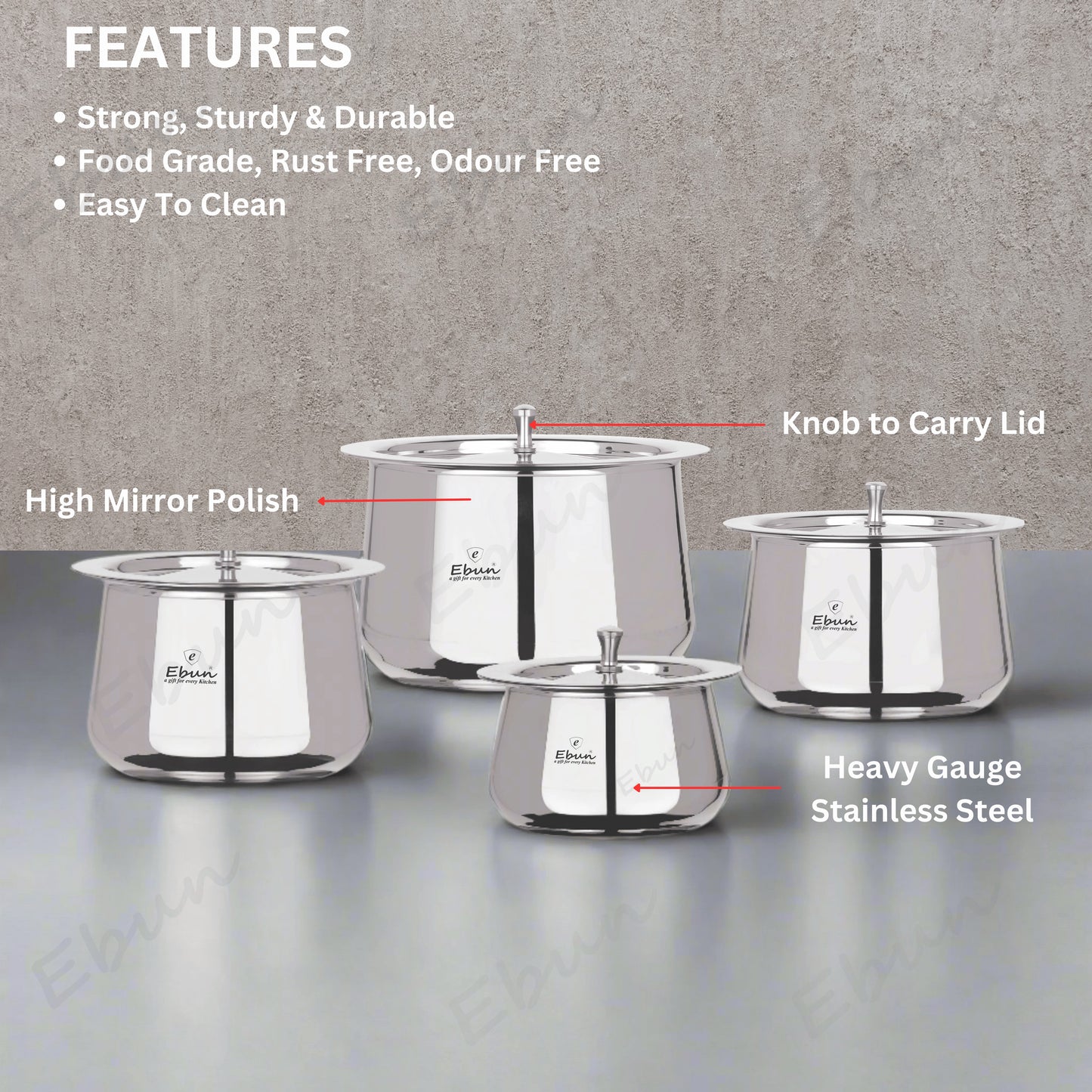 Ebun Heavy Gauge Stainless Steel Handi Set with Lid for Kitchen 350 Ml to 1800 Ml - Pack of 4