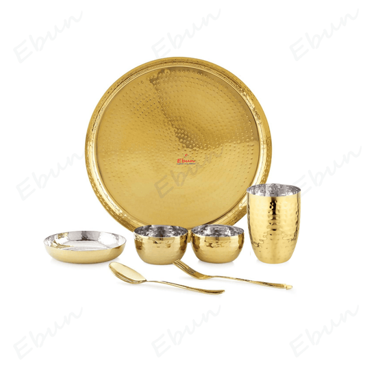Ebun Stainless Steel 2 Side Hand Hammered & PVD Gold Plated Dinner Set - Pack of 1