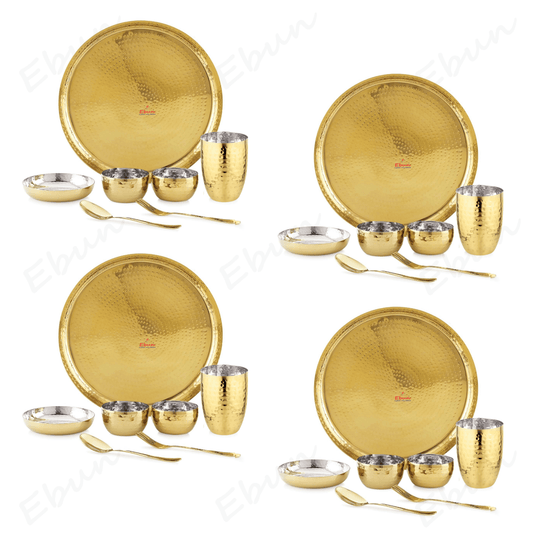 Ebun Stainless Steel 2 Side Hand Hammered & PVD Gold Plated Dinner Set - Pack of 4