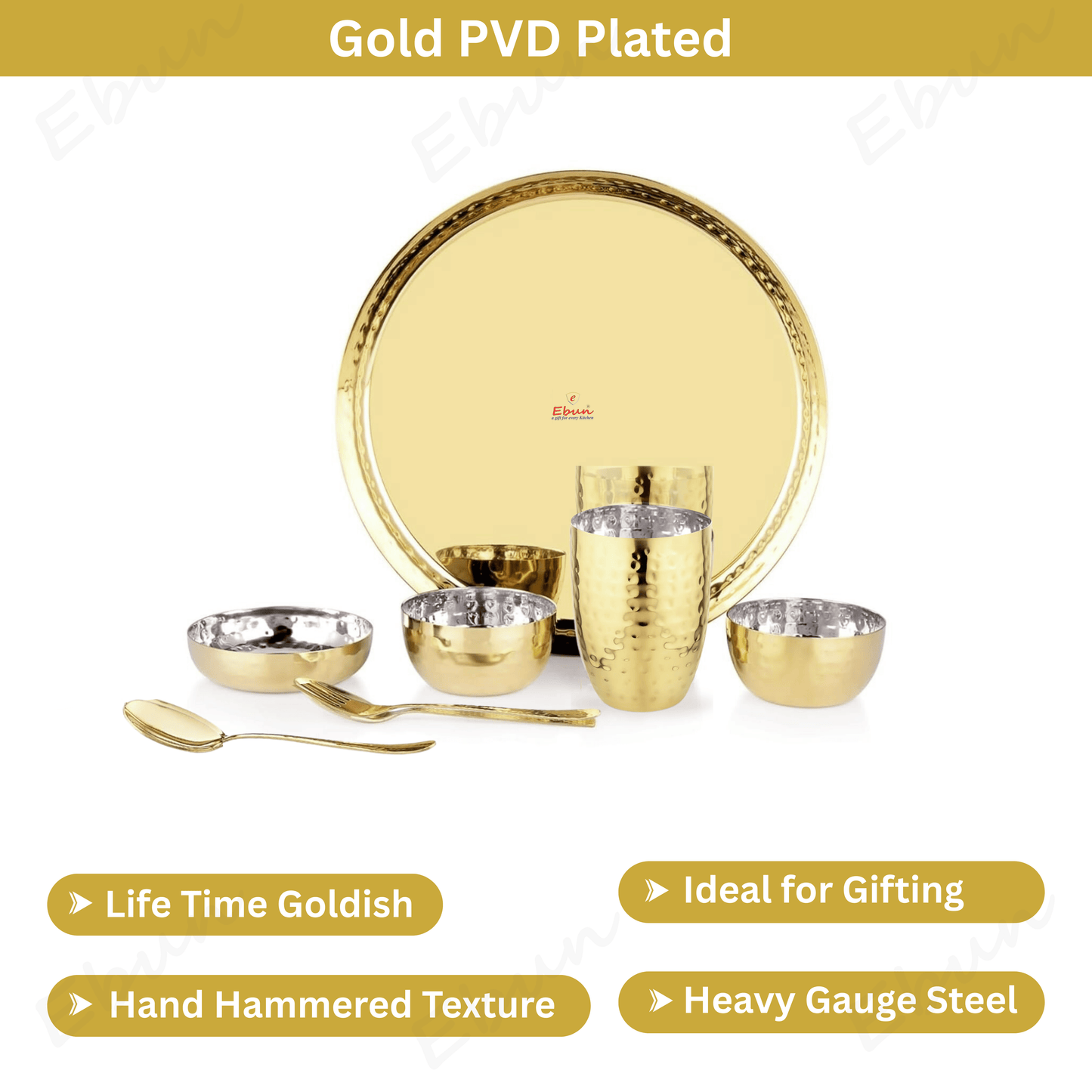 Ebun Stainless Steel 2 Side PVD Gold Plated Dinner Set - Pack of 4