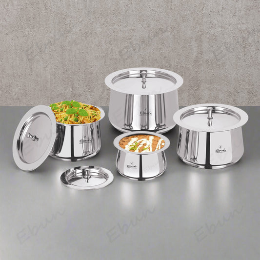 Ebun Heavy Gauge Stainless Steel Handi Set with Lid for Kitchen 350 Ml to 1800 Ml - Pack of 4