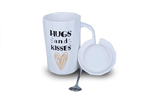 Ebun Heart Print Ceramic Coffee Tea Milk Mug Cup for Gift Ceramic Mugs with Lid and Spoon Ideal for Gifts 350 ml