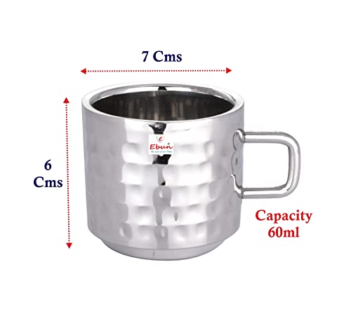 Ebun Stainless Steel Double Wall Hammered Small Size Tea Coffee Cups Set of 6 Small Size 60 Ml