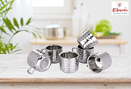 Ebun Stainless Steel Double Wall Hammered Small Size Tea Coffee Cups Set of 6 Small Size 60 Ml