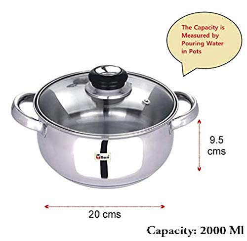 Ebun Stainless Steel Encapsulated Induction Base Belly Shape Medium Size Cooking Pot with Glass Lid 2000Ml 1 Piece