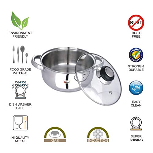 Ebun Stainless Steel Encapsulated Induction Base Belly Shape Medium Size Cooking Pot with Glass Lid 2000Ml 1 Piece