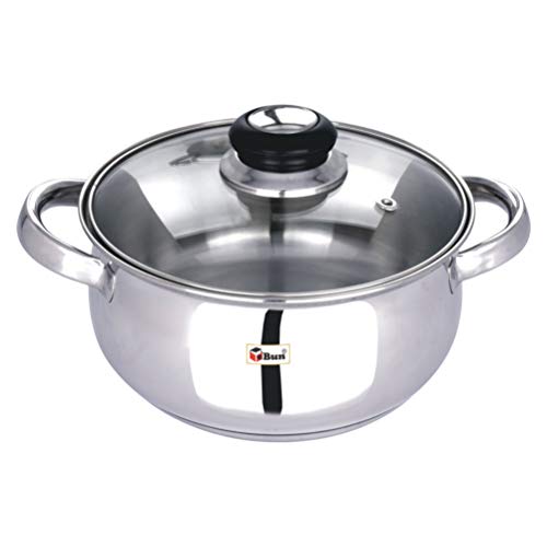 Ebun Stainless Steel Encapsulated Induction Base Belly Shape Medium Size Cooking Pot with Glass Lid 2000Ml 1 Piece