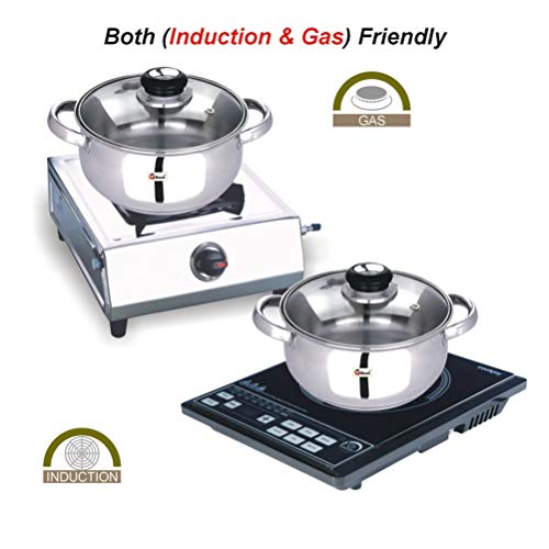 Ebun Stainless Steel Encapsulated Induction Base Belly Shape Medium Size Cooking Pot with Glass Lid 2000Ml 1 Piece