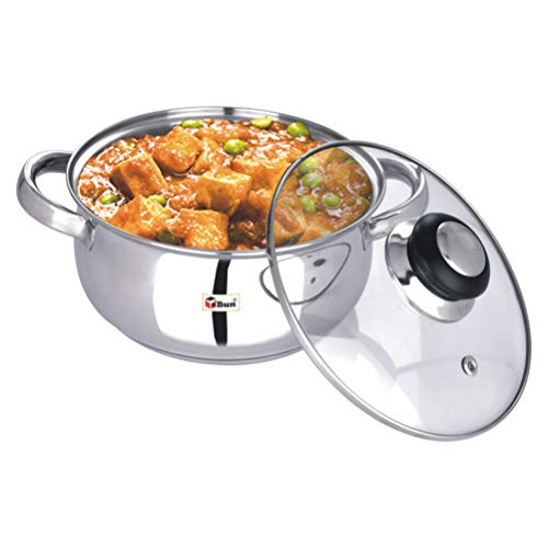 Ebun Stainless Steel Encapsulated Induction Base Belly Shape Medium Size Cooking Pot with Glass Lid 2000Ml 1 Piece
