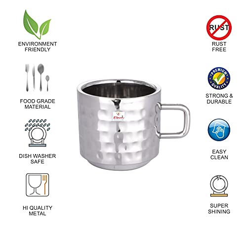 Ebun Stainless Steel Double Wall Hammered Small Size Tea Coffee Cups Set of 6 Small Size 60 Ml