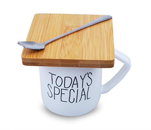 Ebun 'Today's Special' Printed Ceramic Coffee Mug with Wooden Coaster and Spoon 1 Piece, White, 350 ml