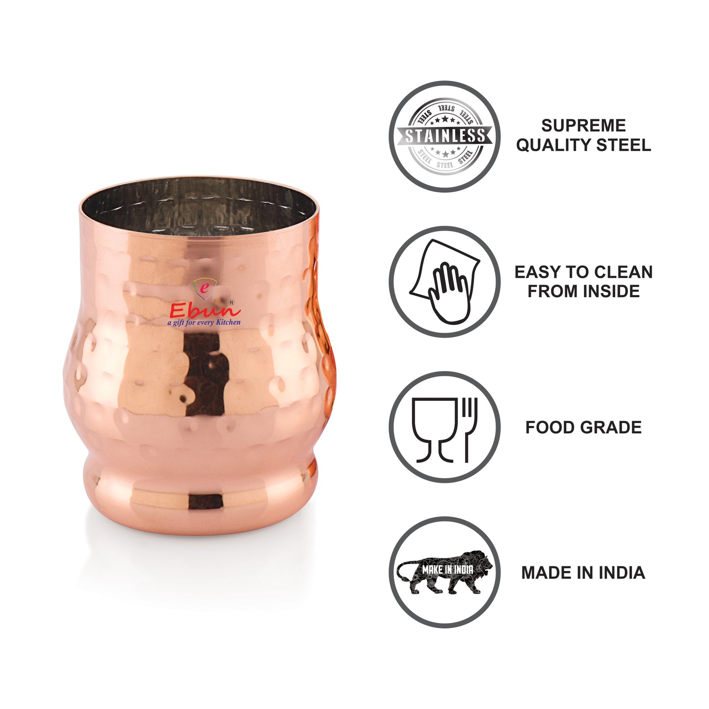 Ebun Stainless Steel Copper Plated Hand Hammered Design Drinking Glass 300 Ml
