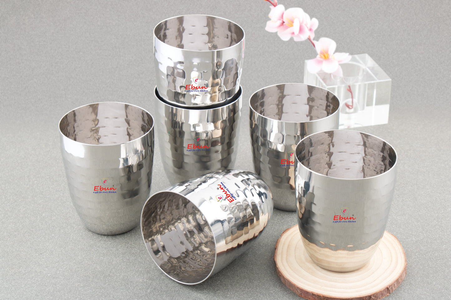 Ebun Stainless Steel Hand Hammered Design Drinking Glass Set with Serving Tray 300 Ml