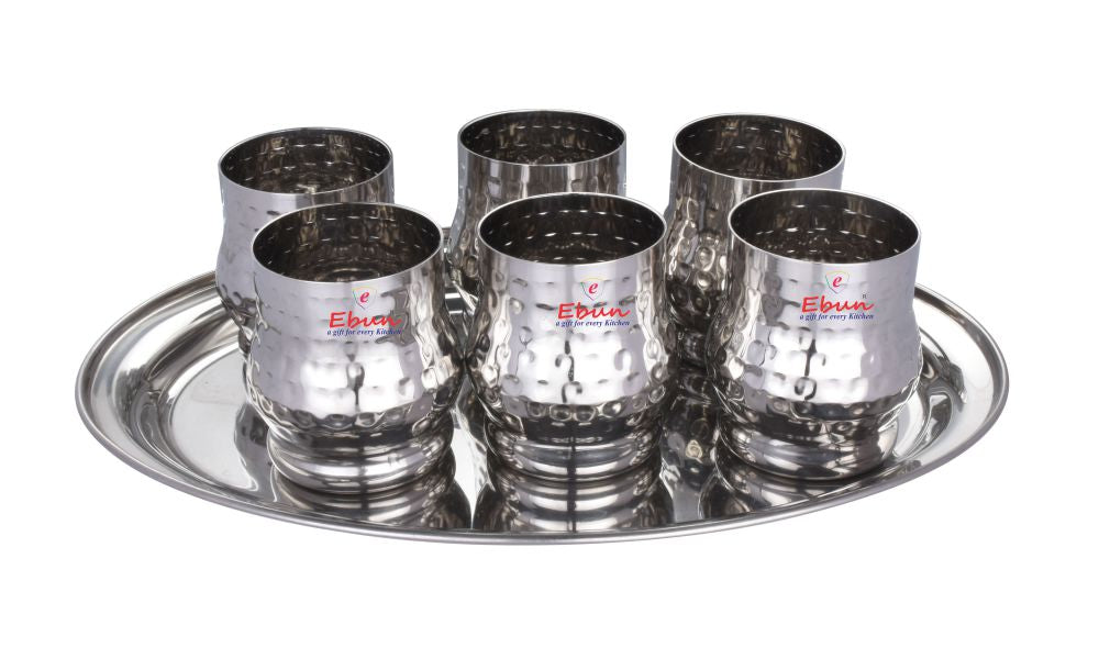 Ebun Hand Hammered Stainless Steel Drinking Glass Set with Serving Tray 300 Ml