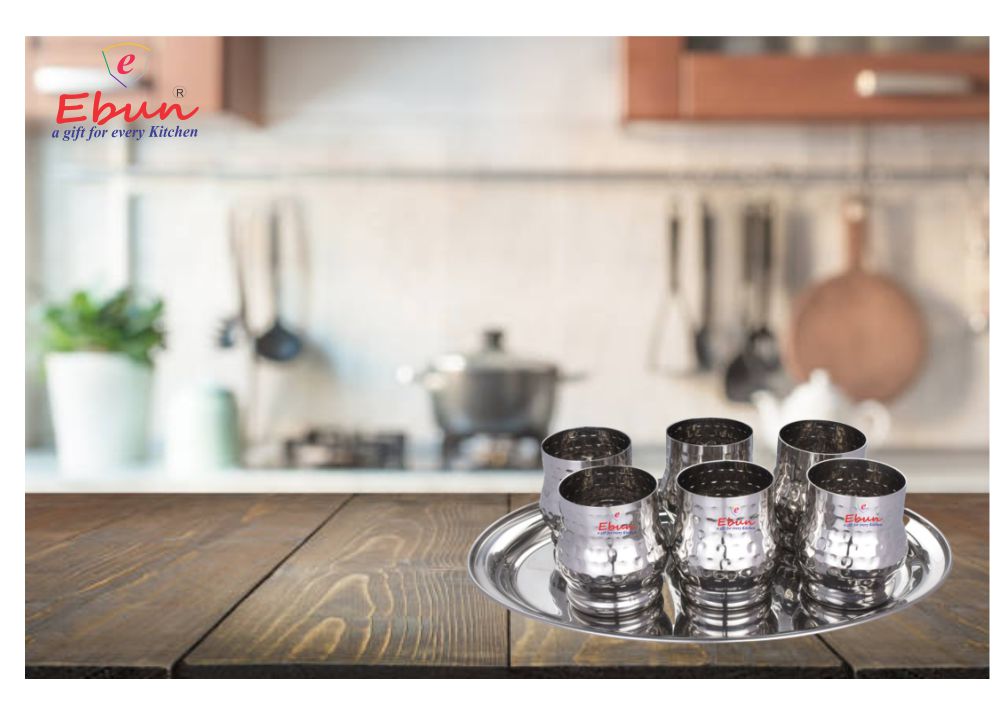 Ebun Hand Hammered Stainless Steel Drinking Glass Set with Serving Tray 300 Ml