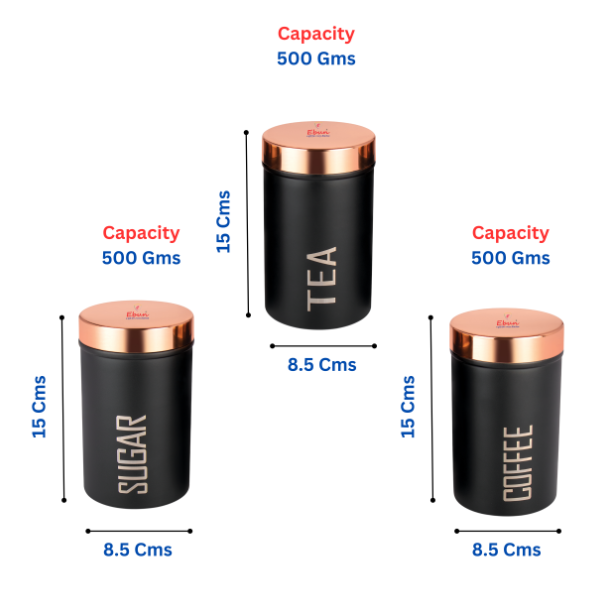 Ebun Stainless Steel Tea Sugar Coffee Containers Set of 3 with the Capacity of 500 Gms Each