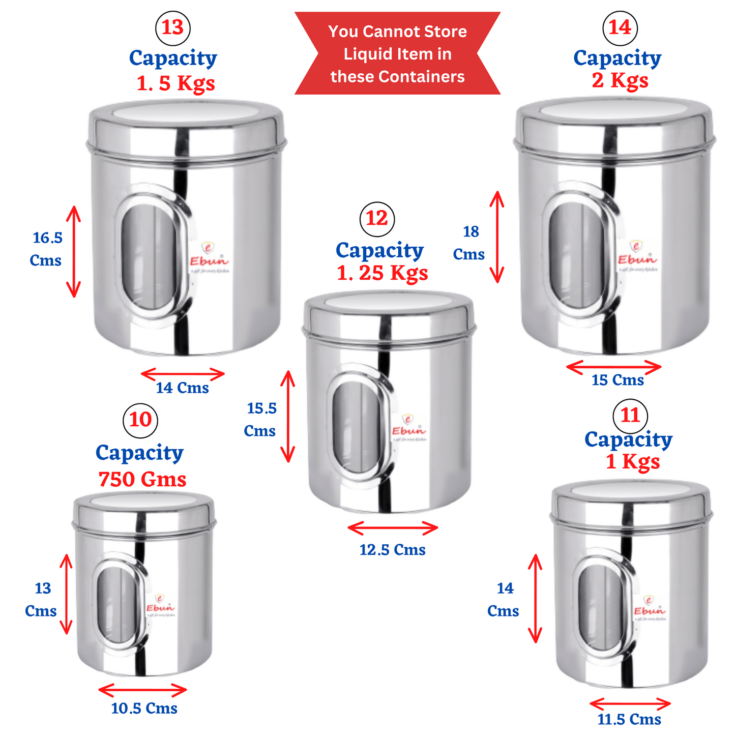 Ebun Stainless Steel See Through Containers Combo Set - 750 Gms to 5 kgs Capacity