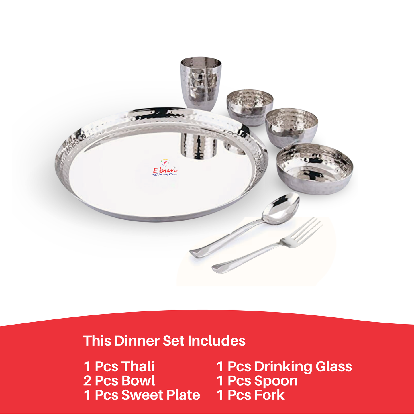 Ebun Stainless Steel Hand Hammered Design Dinner Set - Pack of 1